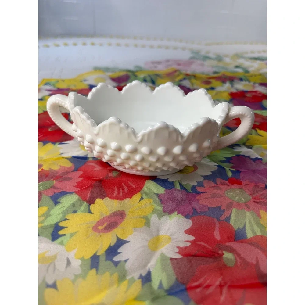Fenton Milk Glass Hobnail Sugar Bowl White Scalloped Edge Double Handle Vintage